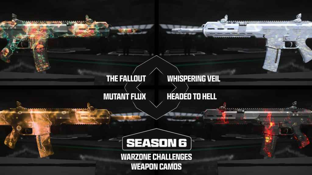 OFFICIAL Warzone Challenge Weapon Camos: THE FALLOUT , WHISPERING VEIL , MUTANT FLUX , HEADED TO HELL . Available in Warzone Season 6.