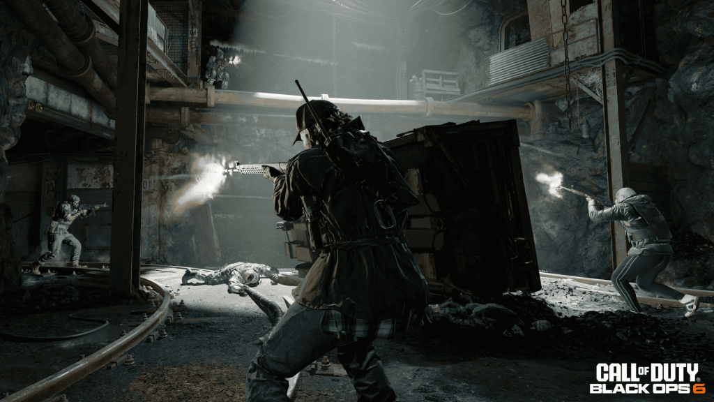 Official Black Ops 6 Image of Pit with four operators shooting each other in the middle of the map next to a minecart