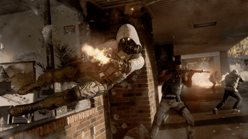 Official Black Ops 6 Image of an operator diving sideways through a window on Rewind with three operators behind them