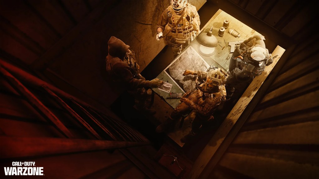 Operators sitting around a table in a small room in Call of Duty: Warzone Verdansk.