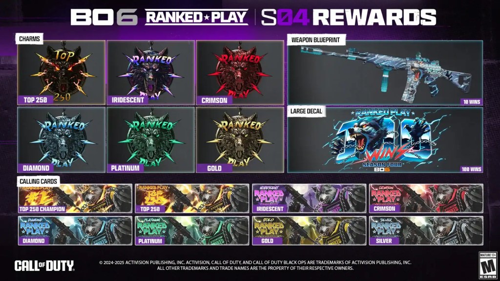 Shot of all the Season 4 Ranked Play Rewards in Black Ops 6 Multiplayer.