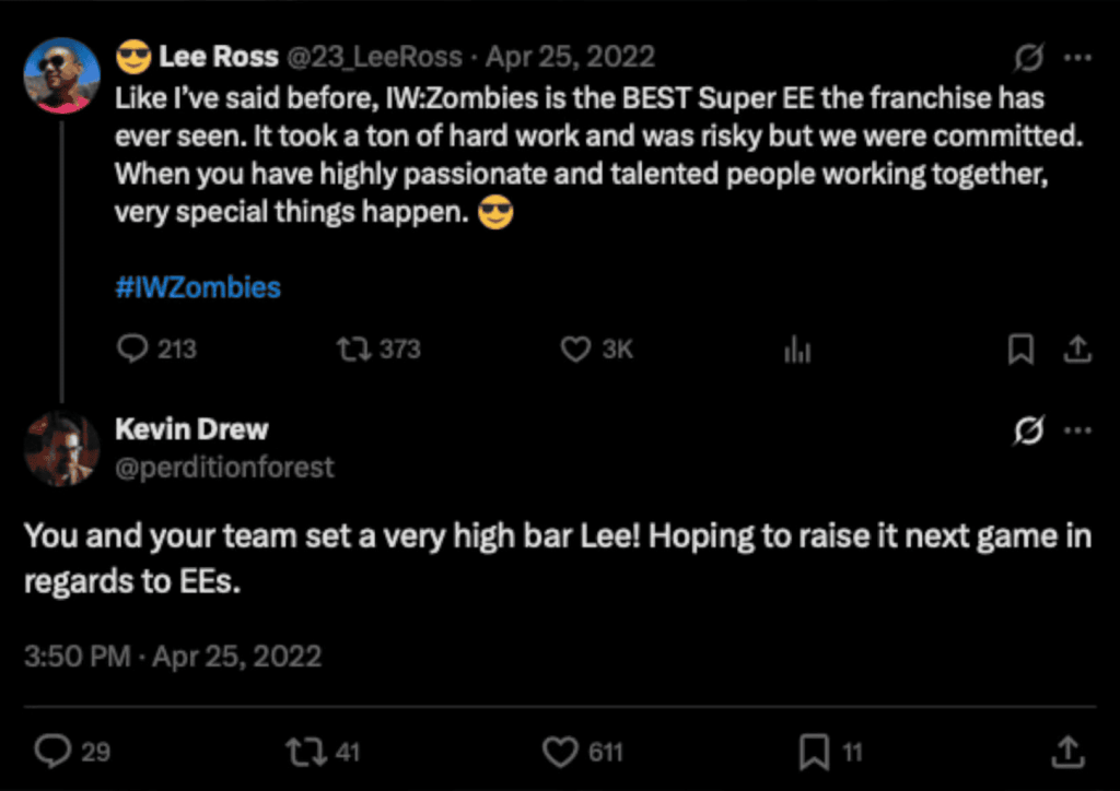 Kevin Drew Replying to Lee Ross about Super Easter Egg Rewards in Zombies for their next game