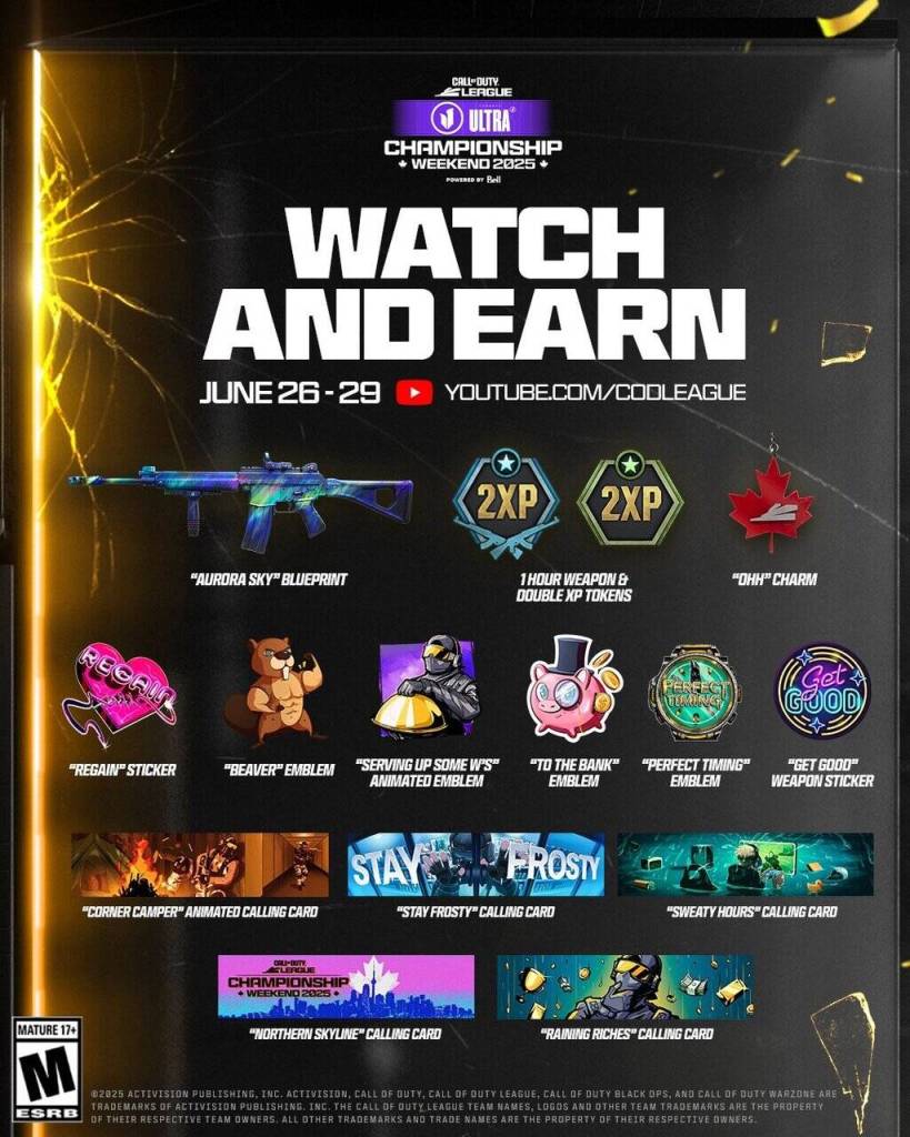 Screenshot of all rewards you can earn by watching CDL Champs 2025.