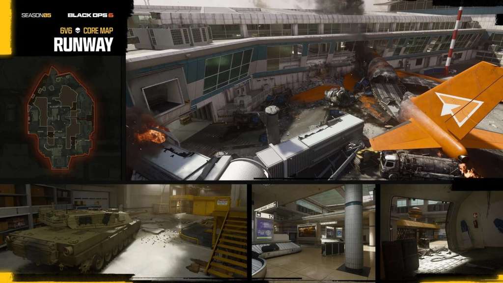 Screenshot of the new multiplayer map ‘Runway’, coming in Season 5. This map takes place in a destroyed airport.