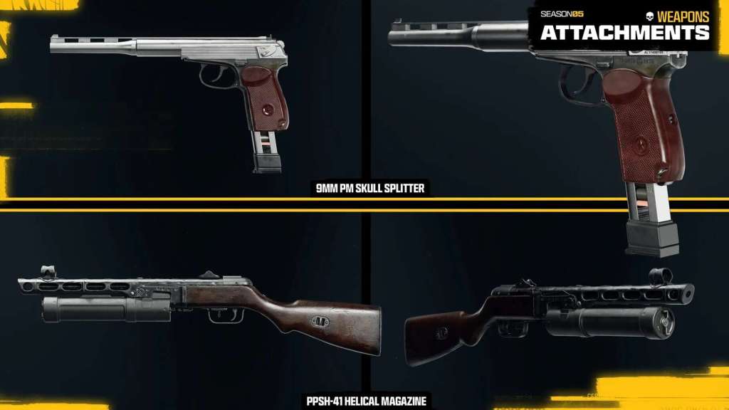 Screenshot of new weapon attachments coming in Season 5 of Black Ops 6 (9MM PM Skull Splitter & PPSH-41 Helical Magazine). 