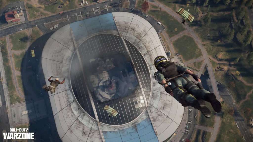 An operator diving headfirst into the newly opened stadium POI in Warzone Season 5. 