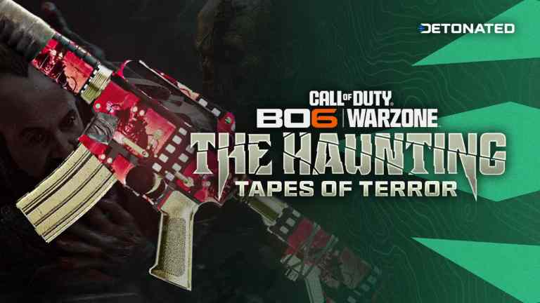 Image of the The Haunting logo as well as the Tapes of Terror logo. The new Zombies Reel camo on an AR in Black Ops 6 & Warzone Season 6, The Haunting.